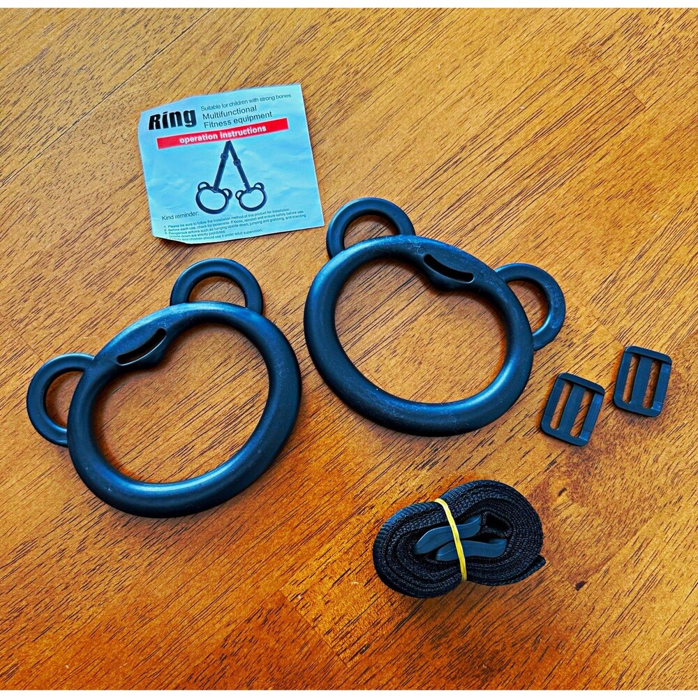 Kids Black Adjustable Gym Rings Set w/ Strap & Buckles, 5-Piece Gym & Training